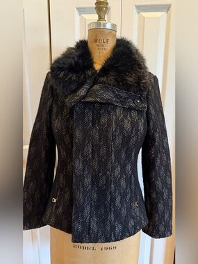 Bebe Vintage Black Laced Blazer w/ Faux Fur Trim Collar